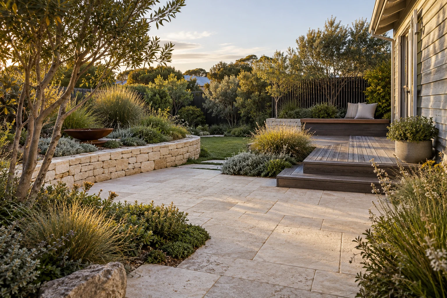 Stone paving edged by native grasses in an imagined coastal garden